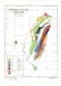臺灣地區陸上砂石資源分佈與品質圖.比例尺: 1:1,000,000